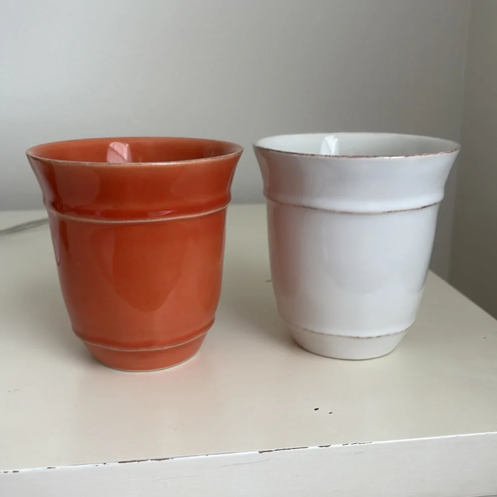 2 Pottery Barn Coffee Mugs Handcrafted in Portugal Terracotta/ Rust White